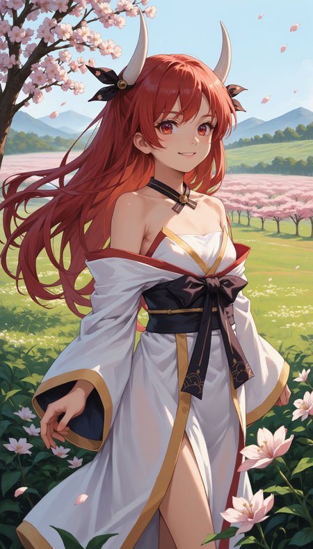 score_9, score_8_up, score_7_up, source_anime, outdoors,cherry blossoms,standing,cowboy shot,smile, flower field,
BBKotori, 1girl, long hair, horns, red eyes, red hair, small breasts, bare shoulders, japanese clothes, white background, smile, simple background
<lora:Itsuka Kotori :0.7>
