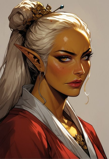 score_9, score_8_up, score_7_up, BREAK,
1girl, mature and imposing, 30 years old, portrait, beautiful, Elf  wizard, (((asian, asian woman, golden colored skin, tanned skin, tanned, sunbathed, sunbathed skin:1.3))), evil, villain, blonde hair, medium brests, golden eyes, mature, mature woman, long ponytail, single ponytail, side bangs, modest clothing, red fantasy toga, red kimono, closed mouth, arrogant <lora:Fant5yP0ny:0.6> <lora:fantasy_world_pony:0.9>
<lora:Cherry-Gig:0.55>