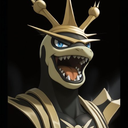 <lora:pokemon_pony_xl:1.0>, character, fake pokemon, ken sugimori art style, resembles a larger creature resembling an anthropomorphic whale dressed as an intimidating pirate captain, with gold crown-like details and an open mouth displaying sharp teeth., score_9, score_8_up, (Masterpiece:1.3) (best quality:1.2) (high quality:1.1)