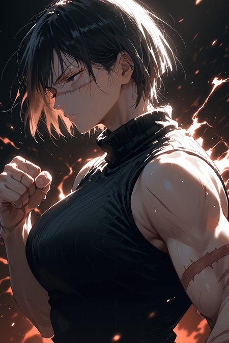 style of jujutsu kaisen,<lora:AIã¤ã©ã¹ããããã:0.5>,<lora:modern_anime_screencap_v1_0>,source_anime,score_9,score_8_up,score_7_up,score_6_up,dark theme,dark background,low light,looking ahead,black background,upper body,
1girl,solo,<lora:age_slider_v4:1.2>,tomboy,tall female,black hair,short hair,bangs,black eyes,pale skin,petite,toned,large breasts,expressionless,sweat,from side,scar on face,scar across eye,clenched hands,half-closed eyes,bags under eyes,fighting stance,aura,sleeveless,scar,scar on arm,burn scar,black turtleneck sweater,black pants,one eye closed,