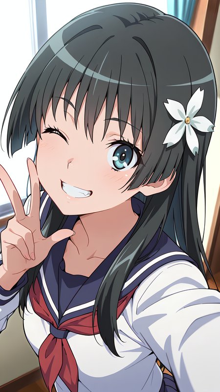 masterpiece, best quality, absurdres, highres, detailed eyes, detailed background, perfect eyes,saten ruiko,1girl,solo,school uniform,hair flower,blue eyes,one eye closed,selfie,grin,teeth,Three finger peace sign,<lora:Ruiko Saten:0.5> ru1ko_sat3n, black hair, saten ruiko, long hair