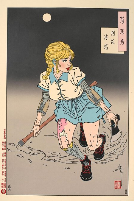 tsukioka1 Japanese woodblock print ukiyo-e. 
GGrunge style a female  blonde android with a braid, crawling on pavement, half skin, haf robotic parts,  holding an axe, damaged clothes, style of Raymond Swanland . Textured, distressed, vintage, edgy, punk rock vibe, dirty, noisy. <lora:schnell_v1.0:1.0> <lora:tsukioka_ukyo-e4_nocap_d8a4:1.0><lora:798028189717864103:0>
