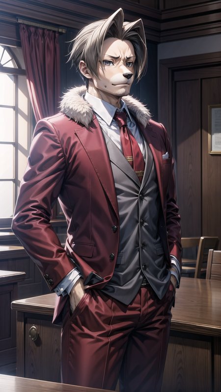((( 1boy, Miles Edgeworth, Ace Attorney, Furry boy, body fur, pelt, ))),  <lyco:Transform Characters into Furry Fox Girls:0.8>  <lora:add_detail:0.2> <lora:Miles Edgeworth - Ace Attorney:0.5> BREAK,
grey eyes, greyish-brown hair, center parting, red suit, white jabot, serious look,  BREAK, 
in courtroom,, masterpiece, best quality, hyperrealistic, extremely detailed, highly quality, 4k, sharp focus, professional photograph, sharp focus, award winning, cinematic lighting, octane render, unreal engine, volumetrics dtx, Wallpaper,