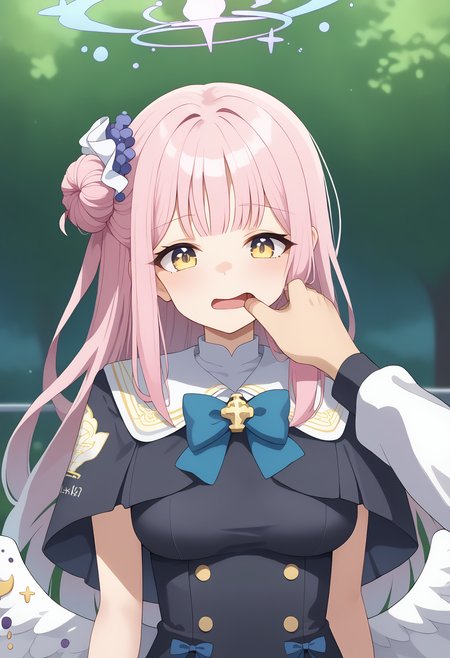 score 7 up, source anime, 1girl, , <lora:mika_blue_archive_PONY_last:1> mika-default, mika \(blue archive\), yellow eyes, single hair bun, pink hair, long hair, halo, capelet, wings, , <lora:_sdxl-fingercandy-pony:1> fingercandy,,