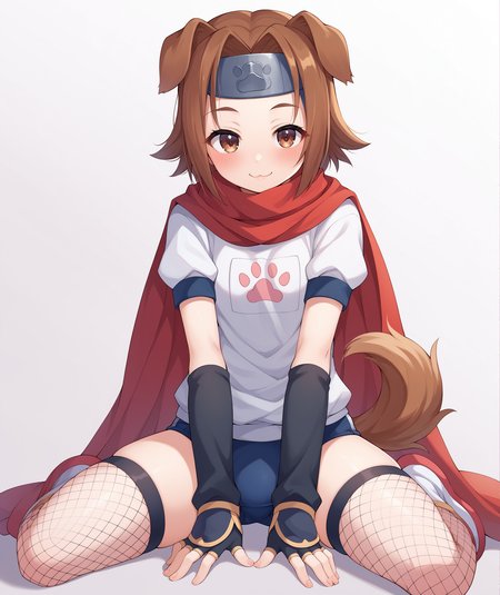 score_9, score_8_up, score_7_up, score_6_up, score_5_up, score_4_up, BREAK, source_anime, best quality, masterpiece, 2d, intricate details, official style, anime, 4k, anime style,
konohaai, 1girl, solo, brown eyes, blush, smile, short hair, brown hair, animal ears, tail, dog ears, dog tail, dog girl, forehead protector, headband, metal headband,
thighhighs, gloves, elbow gloves, fingerless gloves, scarf, cape, headband, thigh gap, fishnets, gym uniform, buruma, fishnet thighhighs, blue buruma, 
sitting, hands on own knees, cowboy shot, looking at viewer, white background, simple background, gradient background, <lora:Konoha_Pony:1>,