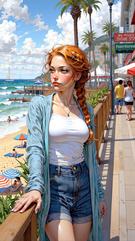 High-resolution anime-style illustration with bold painterly textures, blending soft washes with crisp, dynamic details. A cute young woman with long, wavy ginger hair, styled into an intricate braided updo with loose strands framing her face, stands at the edge of a bustling seaside boardwalk. The salty breeze plays with her hair as she gazes out over the vast ocean, her deep green eyes reflecting the shimmering waves. She wears a stylish yet casual outfit in soft pastel tonesâa fitted white tank top layered under an open, lightweight blue cardigan, paired with high-waisted denim shorts that hug her figure, blending comfort with modern flair. Her hands rest gently on the wooden railing, her posture relaxed yet thoughtful. Below, colorful beach umbrellas and sunbathers dot the golden sand, while distant sailboats drift lazily on the horizon. Sunlight reflects off the rolling waves, casting a warm, golden glow over the scene, blending the carefree energy of summer with the peaceful rhythm of the sea. <lora:car1ar1_cap_d6a3:0.8> <lora:FluxMythV2:1.2> <lora:Dorota_Pietrowiak:0.6>