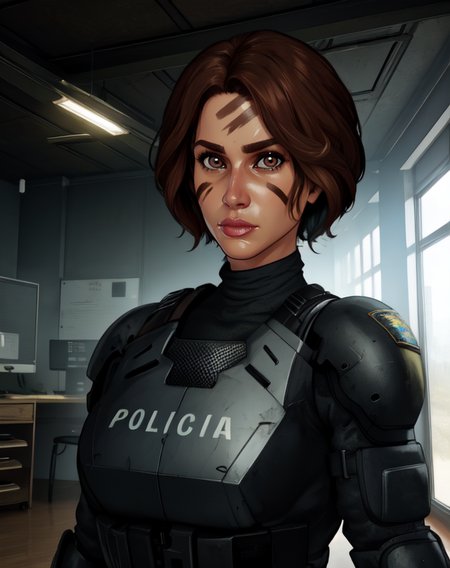 Mira, very short hair, black hair,  brown eyes,  facial mark, 
standing,   upper body,  looking at viewer, 
police uniform, armor,  policia, 
indoors, police station, 
(insanely detailed, beautiful detailed face, masterpiece, best quality),  
 <lora:Mira:0.8>