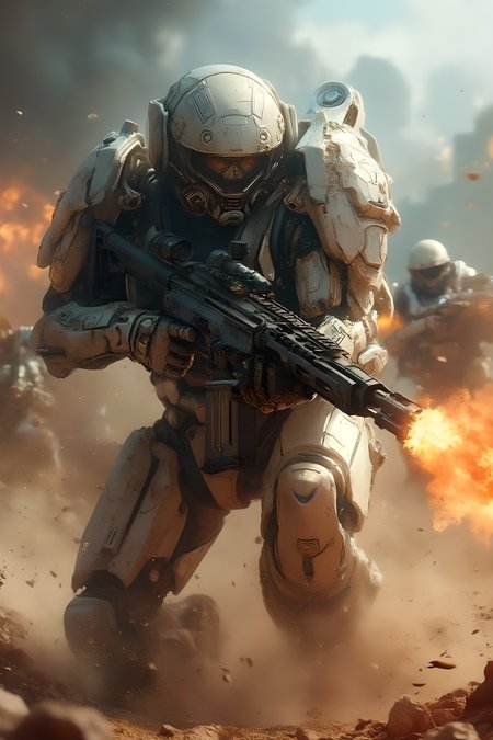 masterpiece, UHD, 8K, best quality, super detailed, battle, afternoon, close up shot, dynamic angles, sharp, practical lighting, best light, focus with blurred background, war, fighting, Skeletal Battle Suit, gun, assault rifle, shoulder weapon, missile pod, ((gunfight, gun action, gunfight, holding a gun with both hands)), ((flames and smoke rise from the nozzle every time a bullet is fired from an assault rifle, and the weapon shakes due to recoil)), ((nozzle flash, nozzle firing)), sci-fi, motion blur, realistic, combat, explosion, firing, dirt, sea spray, sparks, missile pod, twin launcher, shoulder weapon, rail gun, grenade launcher, no humans, Battle Suit, Assault rifle
