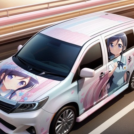 aragaki ayase,school uniform,smile, from side(lapping car,print car,painted car style),masterpiece,best quality, very aesthetic, absurdres,  ultra detailed  <lora:Ayase_Aragaki_-_Oreimo:0.7> <lora:lappingcar:1>