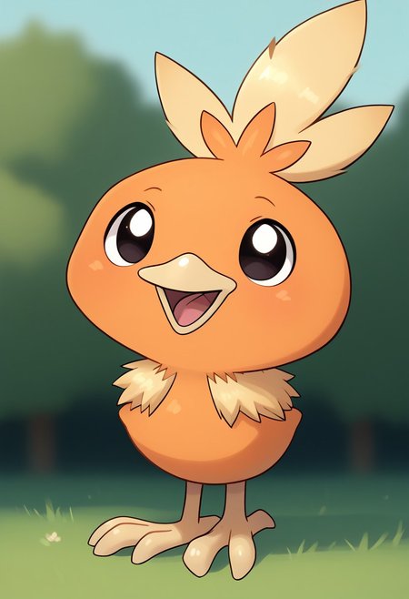 score_9, score_8_up, score_7_up, score_6_up, extremely detailed, torchicLora, pokemon (creature), solid black eyes, beady eyes, big head, tiny body, round head, chibi, super deformed, cute, smol bean, cowboy shot, happy, open mouth, looking around, solo, facing viewer, front view, the park, outdoors, daytime, bright lighting,