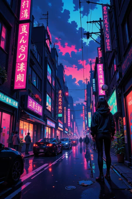 a cyberpunk street full of neon lights and colorful holograms beautiful  landscape, dusk, woman, very intricate, very detailed, sharp, bright, colorful, <lora:Hand v2:0.5> <lora:Anti-Blur:1><lora:Insane Detail Slider:0.25>  <lora:flux.1_lora_flyway_Epic-detail_v2:0.3> <lora:fluxenhancer:0.25> <lora:ROWER:0.6> <lora:flux-charmer-v1-1:0.4><lora:Vibrantly_Sharp_style_v.5:0.4> <lora:Anime_style:0.8> anime style
