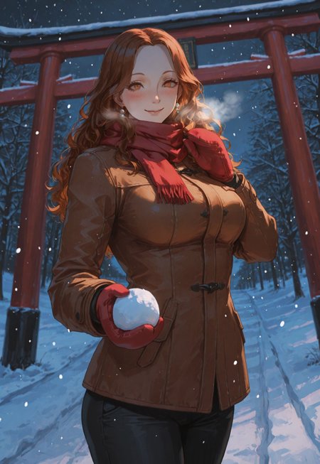 masterpiece,best quality,amazing quality, absurdres, volumetric lighting, chromatic aberration, 4k,
1girl, solo, curvy body, (large breasts), p4ebihara, amber hair, long hair, wavy hair, amber eyes, earrings, puffy winter jacket, red scarf, black winter pants, mittens, holding a snowball, cowboy shot, playful smile, blush, looking at viewer, dynamic pose, outdoors, Torii, snow, snowing, night, celshaded cannedmos, 69yottea_style_illu