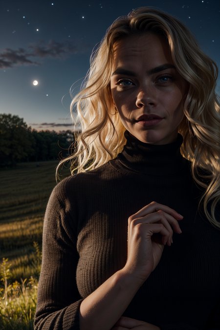 big eyes, pale skin, glossy lipstick Cara Delevingne, facing viewer, looking at viewer,   upper body, a glamorous herbalist , she is surrounded by magical herbs in a moonlit meadow, ((black dress)), ((turtleneck dress)), frilled dress,   fireflies, dark background,  night, night sky, from side, seductive smile, head tilt, wind, 
((masterpiece, best quality))   <lora:weight_slider_v2:1>, closed mouth, <lora:add_detail:0.5> <lora:backlight_slider_v10:-1.5>