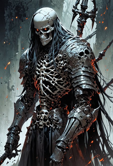 score_9, score_8_up, score_7_up, score_6_up, score_5_up, score_4_up,<lora:Fant5yP0ny:0.8>, 1boy, skeleton, death knight, long hair, solo, holding spear, gauntlets, armored, dark theme,