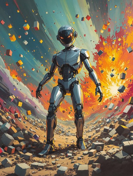 A sleek android breaking free from a collapsing world of pixel blocks and distorted oil-painted landscapes, chaotic pop art explosions in the background, intense expression, cinematic shot