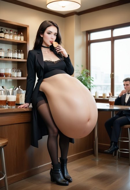 masterpiece, best quality, high quality, highres, absurdres, extremely realistic ,award-winning, professional, highly detailed, soft lighting, golden hour, blue countershading, score_9, score_8_up, score_7_up,  green eyes, black choker, black footwear, black jacket, boots, choker, collarbone, dress,jacket, jewelry, long sleeves, open jacket, black dress, long hair, pantyhose, stockings, thigh highs, belly fully clothed, belly in cloth, belly covert, belly in dress, eating at the buffed, ice cafe, sitting on chair, belly on top of table, huge belly, rubbing belly, bellysag,  huge saggy belly,