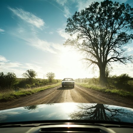 Double Exposure photography, cinematic film still of  <lora:add-detail-xl:1>0
<lora:detailed:0.3>
<lora:perfection style:0.3>
<lora:xl_more_art-full_v1:0.3>
 <lora:true detective style:1>
a car driving down a dirt road next to a tree,outdoors,sky,day,cloud,water,tree,blue sky,no humans,sunlight,grass,ground vehicle,scenery,motor vehicle,reflection,sun,road,bare tree , sharp, detailed, epic photography, artistic, dramatic light, cinematic style, film style, 
true detective style, double image ghost effect, image combination, double exposure style