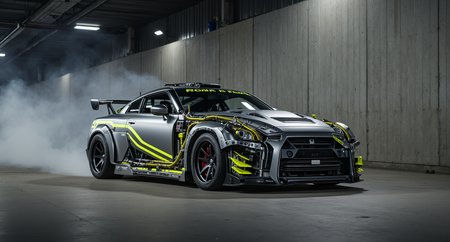 a heavily mechanized silver-gray GT-R, mechanical tubing in high-contrast neon yellow tracing aggressively over the fenders and hood, front body panels removed to reveal turbine-fed intakes and coiled metal lines running through the chassis frame, side skirts armored with bolted plating, rear diffuser lined with exposed wiring and servo mounts, bold geometric paintwork in matte steel and yellow chevrons, visible rivets and welded seams all over, background is an underground drift pit with lingering tire smoke and bare concrete walls lit by industrial work lights, muted environment that emphasizes the bright mechanical contrast of the car, 28mm lens for close, aggressive angle  








mg-mk.1