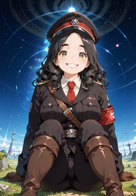 IllusP0s, PonyScores7, source_anime, ah1, IllustriousQual, interesting, exciting, spectacular, wonderful, 
BREAK <lora:xl_more_art-full_v1:0.2>, <lora:aesthetic_anime_v1s:0.2>, <lora:EpicF4nta5yXL:0.2>, <lora:detailxl:0.2>, detailxl, <lora:Fant5yP0ny:0.2>, amazing quality, best aesthetic, absurdres, illustration, Volumetric_Lighting, ultra-detailed, very aesthetic, intricate details, best_quality, <lora:Anime_Aesthetic_Wallpaper_StyleIllustriousXL:0.4>, aniwall,
BREAK ((Sitting on the ground, hugging knees to the chest)),
BREAK Stable_Yogis_PDXL_Positives, AS-Adult, <lora:Complicated fantasy portrait - XL Pony V2.0:0.2>, bad-hands-5, <lora:HDA_Detailer:0.3>, <lora:natsumi_style:0.5>, <lora:by_usakun-pony:0.4>, by usakun, <lora:Akina_Bbw_Style_-_PonyXL:0.2>, AkinBw, (((from below), (from back), medium distance from viewer)),
BREAK 1girl, mature female, (curvy), round-chin, caucasian, <lora:ETO_OC_Illustrius:0.5>, eto_oc, skindentation, (plump), thick thighs, wide hips, busty, voluptuous, <lora:venus body PonyXL:0.3>, <lora:shinyskin2:0.2>, glistening skin, HDA_FatGirlXL, round ass, large breasts,
BREAK ((<lora:AllgemeineSSuniform-bare:0.8>, xssuniformx, military uniform, black jacket, long sleeves, necktie, shoulder strap, belt, black pants, gloves, peaked cap, armband, knee boots)),
BREAK (curly hair), long hair, (black hair:1.4), (parted hair:1.7), messy hair, kinky curls, <lora:hairdetailpxl:0.2>, hairdetailpxl,
BREAK (half green and brown eyes), (colorful eyes), (multicolored eyes), (downturned eyes:1.4), <lora:expressive eyes:0.2>, expressive eyes, <lora:eyedetailpxl:0.2>, eyedetailpxl, <lora:Eyes_High_Definition:0.2>, EyesHD, (round face:1.2), (thick eyebrows:1.3), (plump face), <lora:Round_face:0.2>, lips, 
BREAK ((cheeky expression, Grin with one side raised, playful eyes expression)), <lora:Expressive_H:0.2>, Expressiveh, <lora:Emotional_Anime_Expressions_PonyXL_Concept:0.2>, emotional, <lora:Best_Facial_Expression_LoRA_PONY:0.2>, looking at viewer, <lora:Detailed expressive EXEV style -XL Pony V1.0:0.2>, FaceDetail, <lora:Best_Facial_Expression_Helper_XTREME_ILLU:0.4>, kaogei,
BREAK (((futuristic, medieval, space_memorial, moss-covered stones))), <lora:Background Detailer - SDXL:0.8>, 4k, 8k, Ultra HD, Masterpiece, Best quality, Detailed background, <lora:Add_more_details_V2_XLpony:0.4>, full_details, <lora:background-type1:0.4>,