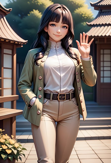score_9, score_8_up, score_7_up, source_anime, 1girl, thigh up, smile, waving, hand in pocket, looking at you, BREAK <lora:zs_NagiXL:1> nagidsrk2, black hair, long hair, blunt bangs, drill hair, jacket, shirt, turtleneck, pants, belt, knee boots, outdoors, east asian architecture
