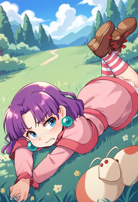 score_9, score_8_up, score_7_up, best quality, uncensored, source_anime, BREAK
1girl, solo, sue(grandia), purple hair, medium hair, hair ribbon, blue eyes, green earrings, freckles, capelet, pink dress, sue(grandia) outfit, striped socks, brown shoes,
frustrated, from side, on stomach, outdoors, 
<lora:sdxl_lightning_8step_lora:1>  <lora:sue(grandia)_XL(pony):1>