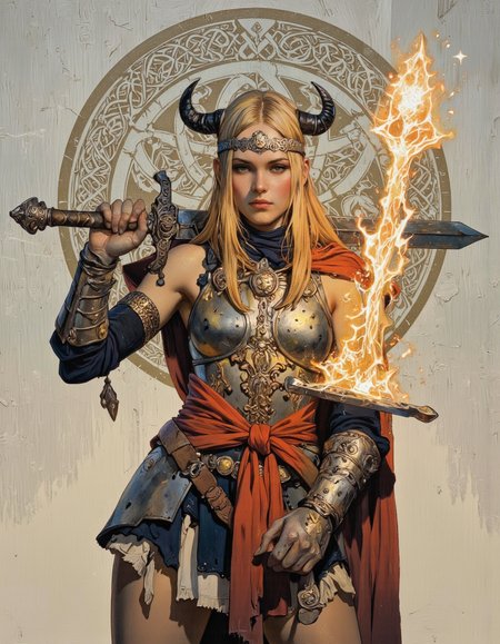By Phandigrams. This is a highly detailed digital illustration in a fantasy art style. The central figure is a young woman with long, straight blonde hair adorned with a metallic headband featuring intricate, Celtic-like patterns. She has a stern, determined expression and large, curved black horns protruding from her forehead. She is holding a large, ornate sword with a glowing, ethereal blade that emits a warm, golden light, suggesting it may be enchanted or magical.
She is dressed in elaborate, medieval-style armor, consisting of a breastplate, shoulder guards, and arm bracers, all made of metal with intricate, decorative patterns. Her attire also includes a red sash tied around her waist and a red cape draped over her left shoulder. Her skin is fair, and she has a strong, athletic build.
The background is a textured, light gray, almost parchment-like surface with a large, circular, Celtic knot design in the center, adding to the fantasy theme. The lighting in the image is warm and dramatic, casting shadows that enhance the detailed textures of the armor and the woman's features. The overall mood is one of strength, determination, and readiness for battle. <lora:Phandigrams:0.85>