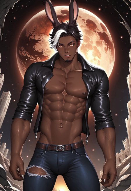 safe_pos, score_9,score_8_up,score_7_up,score_6_up, 1boy, ((BREAK)), sexy man, man, Khitli Viera, ((dark skinned viera man)), toned muscles, tall, ((no human ears)), ((viera ears)), ((short black hair with white highlights)), ((black and white goatee)), rugged features, ((black jacket with no shirt showing muscles)), ((ripped blue jeans)), boots, ((large expressive golden eyes)), pants on, face to the right of viewer, gesturing pose with arm stretched out, high res image, masterpiece, dynamic shot, <lora:Expressive_H:0.65> <lora:incase-ilff-v3-4:0.5> <lora:g0th1cPXL:0.45>  <lora:Branwen_QBR:0.7>, high gradient eyes, eyesHD, dynamic pose, dynamic, detailed eyes, high definition eyes, amazing quality, wallpaper, wide angle, castle, exterior, nighttime, moon, moonlight, stars, gargoyle. bats, dead trees, creepy