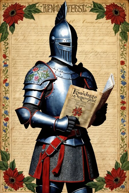 vintageillustration, medieval, 
knight, paladin, 
knight outfit, decorated intricate armor, helmet, 
holding newspaper, 
intricate floral parchment background, 
with the latin texbox saying "knowledge is important", 
(best quality, absurdres)