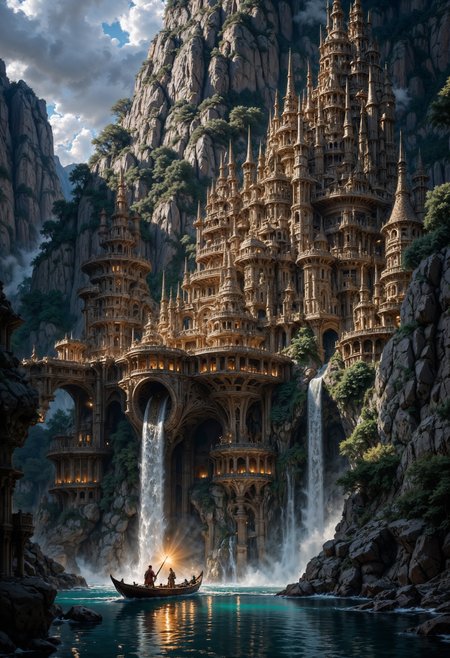 a sprawling, intricate city built into a rocky cliffside, illuminated by warm, glowing lights. The architecture is a blend of medieval and steampunk styles, with wooden structures, metal gears, and pipes. A waterfall cascades down the center, adding a dynamic element to the scene. In the foreground, a small boat with two figures navigates the water, surrounded by jagged rocks. The sky is overcast, with a hint of sunlight breaking through, casting a mystical ambiance. The overall color palette is a mix of earthy tones and cool blues, enhancing the fantastical atmosphere.
