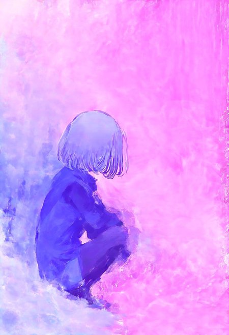 masterpiece, newest,absurdres,incredibly absurdres, best quality, amazing quality, very aesthetic, 
1girl, squatting, pink hue, blue theme, smoke,
 <lora:fuyumur4s4ki_style:1> fuyumur4s4ki_illu <lora:0__11Xx:1> 0__11Xx_illu