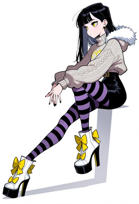masterpiece, best quality, 1girl, solo, eyelashes, (beautiful eyes),    C0utur3Cr4z3, 1girl, solo, skirt, simple background, shirt, long sleeves, white background, bow, standing, full body, pantyhose, shoes, striped, black skirt, nail polish, high heels, sweater, fur trim, white footwear, own hands together, black nails, yellow bow, striped bow, striped pantyhose, footwear bow, purple pantyhose,  sitting, knee up,  <lora:Style60_IXL:1.0>,