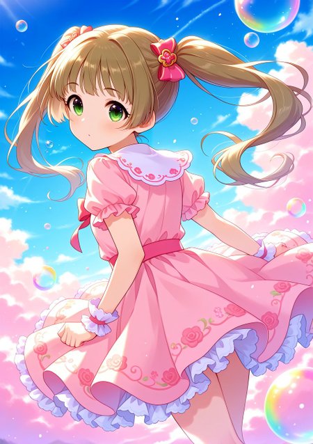 sfw, general, 
<lora:Yokoyama_Chika_Cinderella:0.9>, Yokoyama_Chika_Cinderella, long hair, twintails, brown hair, hair ornament, green eyes, 
idolmaster, idolmaster cinderella girls, pink dress, floral embroidery dress, pastel colors, colorful, blue sky, 
<lora:soap-bubble-fantasy-04:0.7>, soap bubble background fantasy, rainbow bubbles, 
<lora:on_cloud_v1_illustrious_d:0.7>, on_cloud, cloud,, BREAK
masterpiece, best quality, amazing quality, very aesthetic, absurdres, newest, 
 <lora:Eyes_High_Definition:0.6>, eyesHD, high gradient eyes, detailed eyes, high definition eyes, 
<lora:LECO_Particles:1>, 
BREAK, <lora:brightness_slider:-0.5>,, general, from behind, looking back, dutch angle,  dynamic pose,
