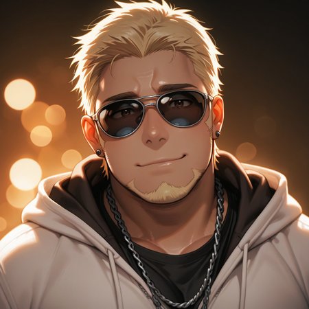 masterpiece, best quality, amazing quality, absurdres, newest, detailed background, definition so sharp, Ultra-HD, 8K cinematic, very awa, impressionate, amazing quality, highres, 
solo, male focus, manly, shadow, shiny skin, bokeh, warm light, light particle, looking at viewer, 
1boy, short hair, goatee, chubby, sunglasses, earrings, sideburns, rikiokamamoto, rikio_blonde, rikio_brown eyes, white hoodie, chain necklace, black shirt,
smile, gentle, looking at viewer