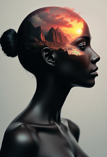 Side profile of a female figure with smooth, shiny, black skin. Her head is semi-transparent, revealing an internal landscape. The landscape features rocky mountains, dense clouds, and a glowing sunset. The sunset reflects red, orange, and yellow hues onto the figureâs face. The internal scene includes a small forest and fiery textures in the background. The figure's hair is tied in a sleek bun. The overall style is hyper-realistic with surreal elements. The lighting is soft, highlighting the reflection of the sunset on her face and emphasizing the surreal fusion of human and nature.  <lora:FluxDFaeTasticDetails:0.8> <lora:aidmaImageUpgrader-FLUX-V0.1:0.33> detailmaximizer,