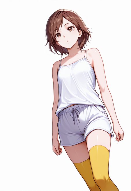 masterpiece,high quality details, absurdres,colorful, 
 <lora:Hiro_Kurusu_V2:0.8> hiro_cnr,  1girl, brown hair, short hair, brown eyes, aged down,, simple background, white background, dynamic angle,solo,, lonely,expressionless,, dress shirt,camisole,sweatpants,  ,yellow thighhighs,