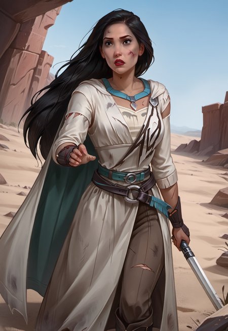 safe_pos, ((zPDXL3)), OZRN, digital art, score_9,score_8_up,score_7_up,score_6_up, face focus, waist-up portrait, absurdres, masterpiece, high res, detailed, 
1girl, solo, (((DisneyPocahontas, 1girl, black hair, black eyes, long hair, dark skin))), (d4rkr3v4n4rm0r, white robe, cape, hood down, breastplate, gauntlets, belt, pants, belt boots), (holding lightsaber, green lightsaber), calm expression, makeup, beautiful woman, action pose,
BattleDamage, cuts, bruises,
in danger, distressed, alarmed, (combat stance), 
dramatic, danger, dutch angle, dof, sand desert background, perfect, Hand, detailed, perfection, hands, 
<lora:bastilashan:1> <lora:Battle_Damage:0.3> <lora:hand 4:0.5>