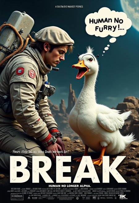 In the space station, near an interstellar vessel, Full body of An handsome Astronaut wearing ripped astronaut outfit with oxygen cylinder behind his back, messy hair blown back by the wind, he kneeling on the ground, his face facing to the ground, submitting to the duck in front of him, his wrist bounded by rope, 
BREAK, 
full body of a white duck with golden beak and claws wearing painter beret hat and diamond expert glasses, standing with arrogant expression in front of the Astronaut, its cute little red tongue sticking out, when it opens its beak while raising the leather whip high up, a thought bubble above the duck's head which said "Feel My Furry!! kwek, kwek, kwek..." 
BREAK
movie poster parody, masterpiece, best quality, ultra-detailed, ultra realistic, 8k, RAW photo, perfect composition, perfect colors, colorful, clear photo, surreal, incredible lifelike, highest resolution, uncanny realism, immaculate micro-details, professional photography, analog photo, shot on Canon EOS 5D VI, Fujicolor Pro, radiant god rays, dreamy haze, Photographers collaboration by Oleg Oprisco and Tim Walker, view from distance, view from distant, dynamic angles, 
BREAK
(for the movie title on below, the text says "Human No Longer Alpha":1.6), (ensure the text perfectly correct and accurately written:1.3), mvpstrCE style, aidmatextimprover,