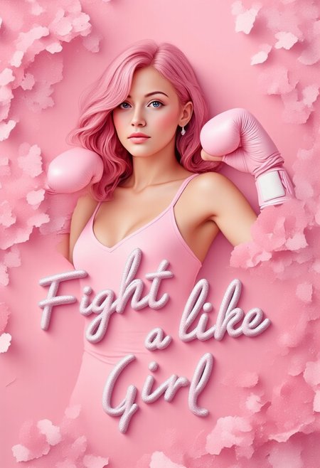 aidmaTextImprover, greeting card style captures BCA essence, hyper detailed realistic cartoon beautiful woman looking at the viewer. her arm is up in a victory pump with a clinched boxing glove fist. hair is multi colored. exact text focus [[[Fight like A Girl]]] satin pink looped awareness ribbon, gradient satin pink looped awareness ribbon bokeh background pink, redglitter pastel watercolor, in the style of Gorjuss, Joan Walsh Anglund,soft-focus and diffused lighting akin to Paolo Roversi, imbued with Tim Burton's macabre touch, Kris Kuksi-like intricate background detail, digital painting, ultra-detailed, cinematic. <lora:aidmaTextImproverV0.2:1> <lora:Detailer2K:0.65> <lora:Dever_Flux_Enhancer:0.50>