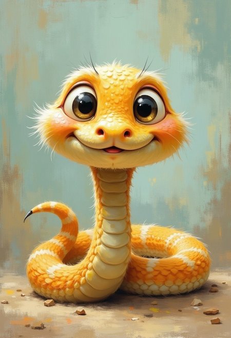 A whimsical evolyzed painting of an exceptionally cute, big expressive eyes, fluffy snake. Happy curled snake covered in soft fur.