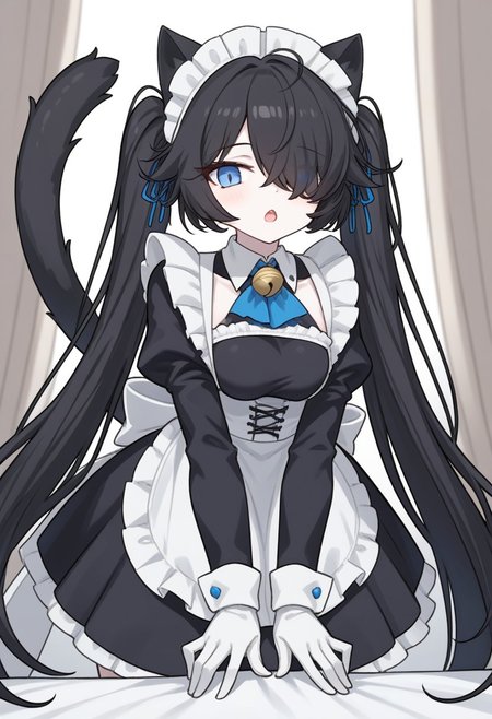 score_9, score_8_up, score_7_up, (Maid-kasli), solo, white gloves, dress, hair over one eye, maid apron, blue eyes, twintails, cat ears, maid headdress, maid, gloves, 1girl, apron, juliet sleeves, long sleeves, long hair, black hair, animal ears, bell, looking at viewer, open mouth, indoors, (white skin, pale skin), (((bending over, hands down)))