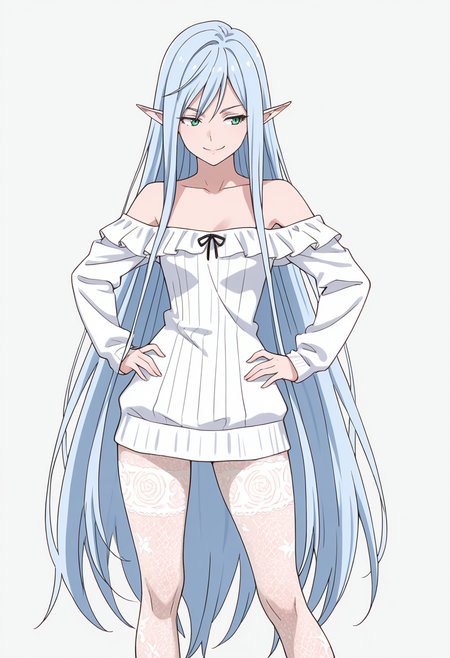 Smooth Quality,masterpiece,very intricate, high quality details, ultra realistic, high detailed skin,detailed enviorement,absurdres,
simple background, white background,
standing, hands on hips, feet apart, determined, looking forward,  ,front view,naughty face,
 <lora:El-Ru_Sarion_Elmesia_cnn:0.8> elmesiacnn,1girl, green eyes, pointy ears, blue hair, very long hair,
off-shoulder blouse,  ,pullover,,lace leggings,