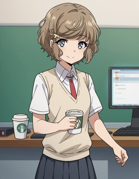 score_9, score_8_up, score_7_up, source_anime, <lora:tomoe-koga-s1-ponyxl-lora-nochekaiser:1>, tomoe koga, short hair, brown hair, blue eyes, hair clip,, skirt, shirt, school uniform, white shirt, short sleeves, pleated skirt, necktie, collared shirt, red necktie, sweater vest,, home office, working from home, computer screen, coffee cup, focus, deadline, smile, looking at viewer, solo,, cowboy shot, dutch angle