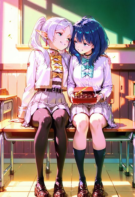 score_9, score8_up, score_7_up, source_anime, masterpiece, best quality, amazing quality, 2girls, cute girls, hugging, happy, smiling, looking at each other, full of love, detailed hand, indoors, in classroom, detailed background, cinematic lighting
BREAK frieren, holding box of chocolate, white dress, white hair, tie, pantyhose, pleated skirt, grey skirt
BREAK anna-default, yanami anna, blue eyes, blue hair, medium hair, school uniform, white jacket, long sleeves, bowties, grey skirt, pleated skirt, black socks, loafers