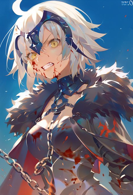 score_9, score_8_up, score_7_up, score_6_up <lora:reiXL_AutC_lokr_V43P1:0.95>  1girl, jeanne d'arc alter \(fate\), jeanne d'arc alter \(avenger\) \(fate\), solo, yellow eyes, headpiece, blood, teeth, chain, blood on face, armor, blue background, short hair, looking at viewer, fur trim, clenched teeth, grey hair, simple background, upper body, white hair, ahoge
