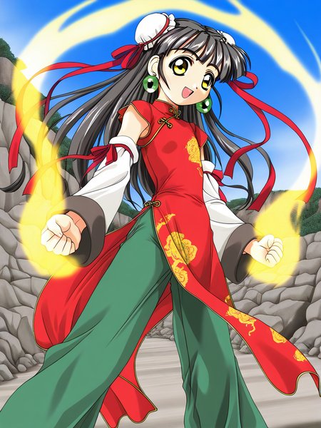 general,highres, ultra-detailed,very aesthetic,best quality ,best hands,  BREAK <lora:Kounyan_Spiral_NAMI_IS:1>Kounyan, black hair, long hair, double bun, hair bun, bun cover, yellow eyes, ribbon, earrings, flat chest, green jewelry, 
1girl, solo, chinese clothes, china dress, red dress,  open mouth, long hair, smile, detached sleeves, green pants, 
rocky place, blue sky, aura, aura effect,