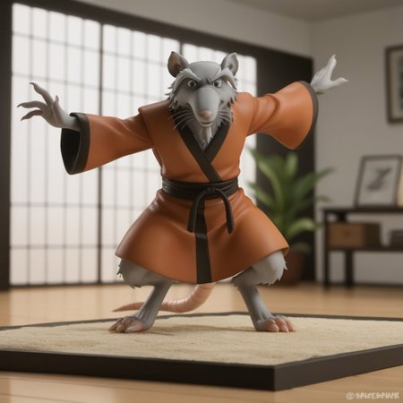 score_9, score_8_up, score_7_up, score_6_up, score_5_up, score_4_up, source_furry, Splinter03v2, semi-anthro, male, rat, grey fur, brown eyes, rat tail, red-orange kimono, inside, standing on one leg, front view, outstretched arms