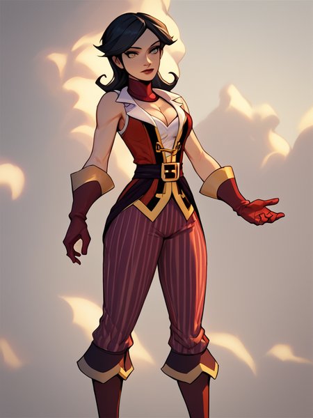 score_7_up, score_8_up, score_9, masterpiece, (1girl, solo,)perfect face, perfect hands, high quality, source_anime, <lora:Morgan_LeFlay_-_Tales_of_Monkey_Island:1>Morgan_LeFlay, black hair, cleavage, red jacket, sleeveless, striped pants, high heel boots, large breasts,