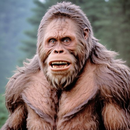 Masterpiece, Dynamic perspective, 1man, sasquatch, bigfoot , wearing suit, mouth wide open, upper teeth, wide eyes, very sad, tearful,
