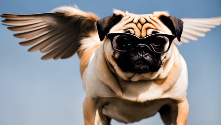 2 photo of (Pug with wings:1) wearing black sunglasses