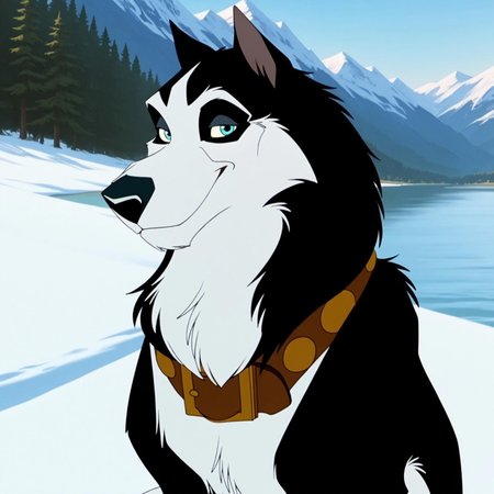 uncensored, masterpiece, best quality, highly detailed, realistic, 1boy, solo, SteeleBT, furry, feral, canine, dog, husky, blue eyes, back pupils, black nose, black body, black fur, white body, white fur, two tone body, two tone fur, brown dog collar, upper body, sitting, close-up, smile, closed mouth, looking at viewer, snow, lake, outdoor, mountains, detailed background, face focus